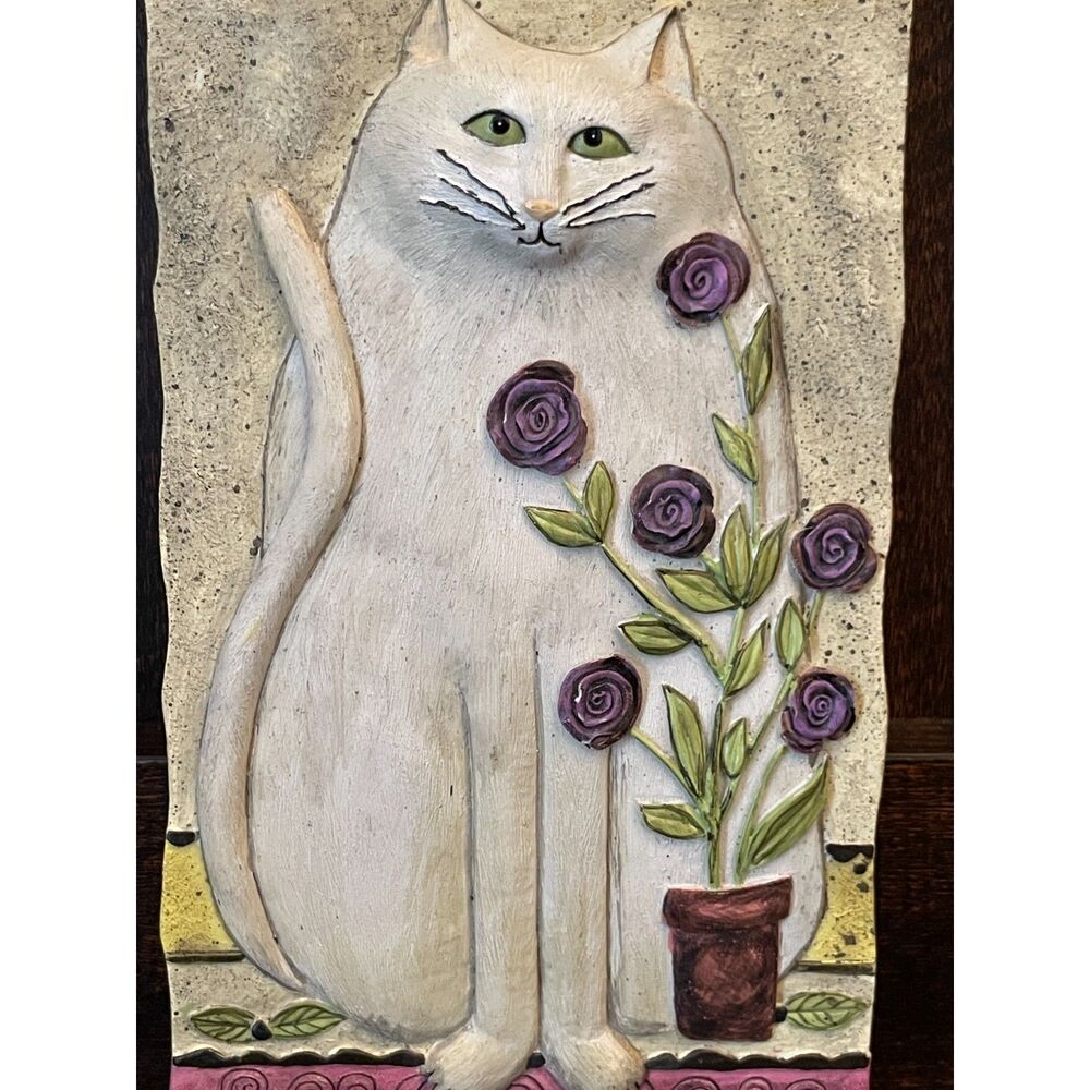 Vintage E. Smithson Style White Cat Purple Roses Folk Art Resin Wall Plaque 8x4